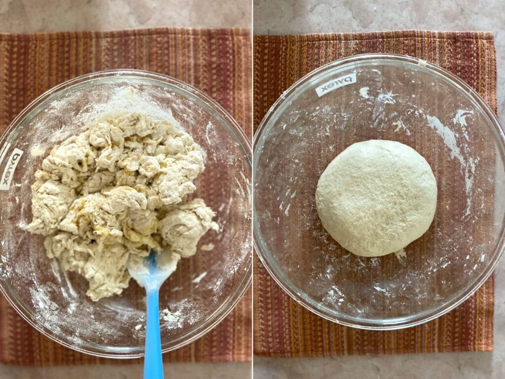 On the left: how the dough should be after combine. On the Right: how the dough should be before allow it to rise