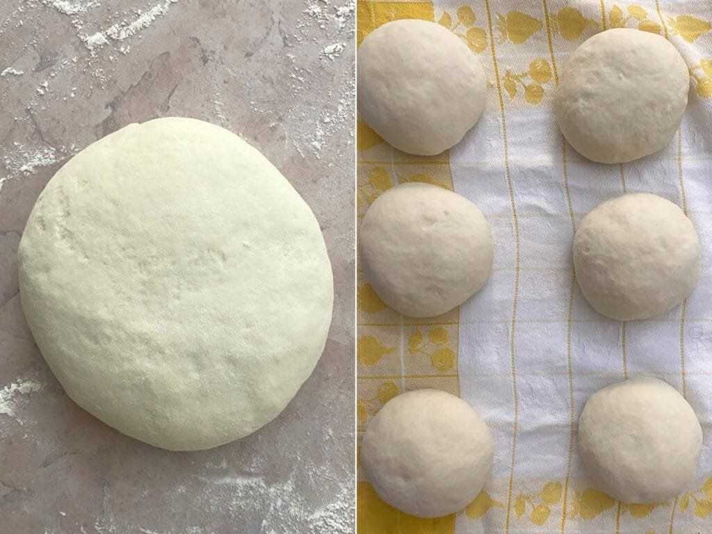 On the left: The dough after rising time. On the right: The dough after being divided and shaped into a ball