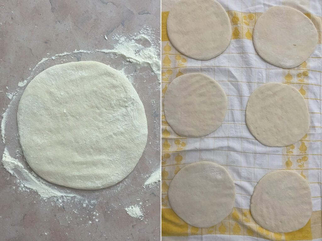 On the left: How to roll out a ball of dough. On the right: How to keep the shaped bread on a napkin
