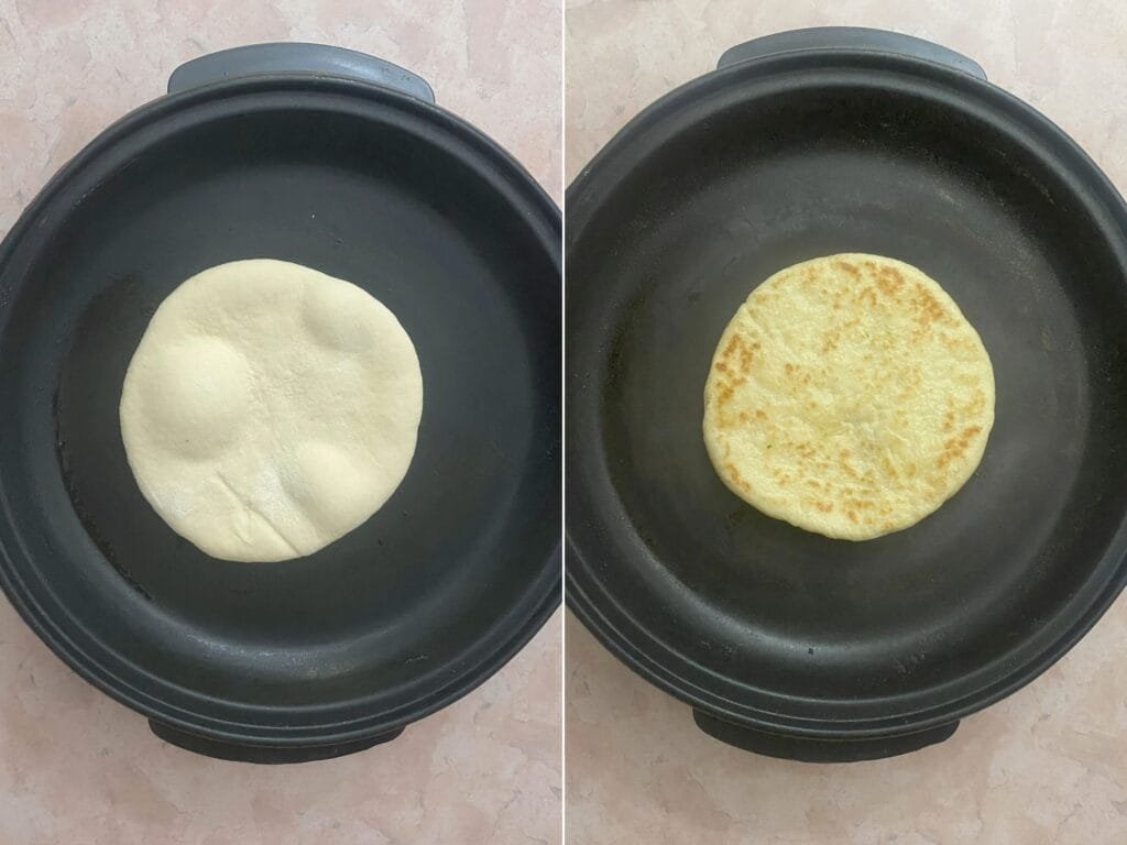 On the left: How the dough puffs up during baking. On the right: How the dough should be colored when baked.
