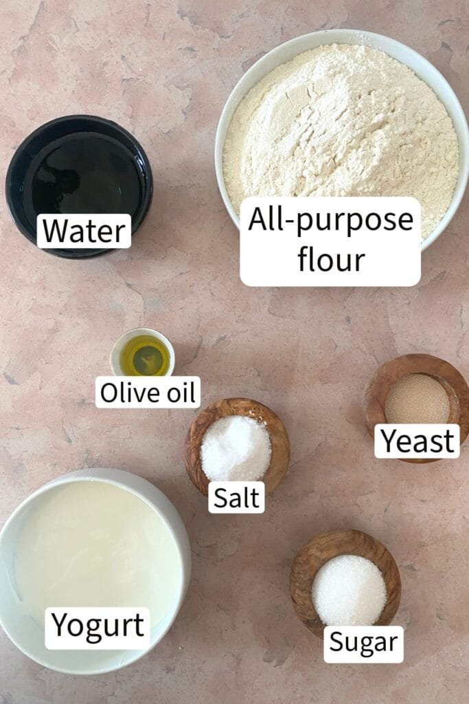 Bazlama ingredients: All-purpose Flour, water, yogurt, sugar, salt, yeast, olive oil