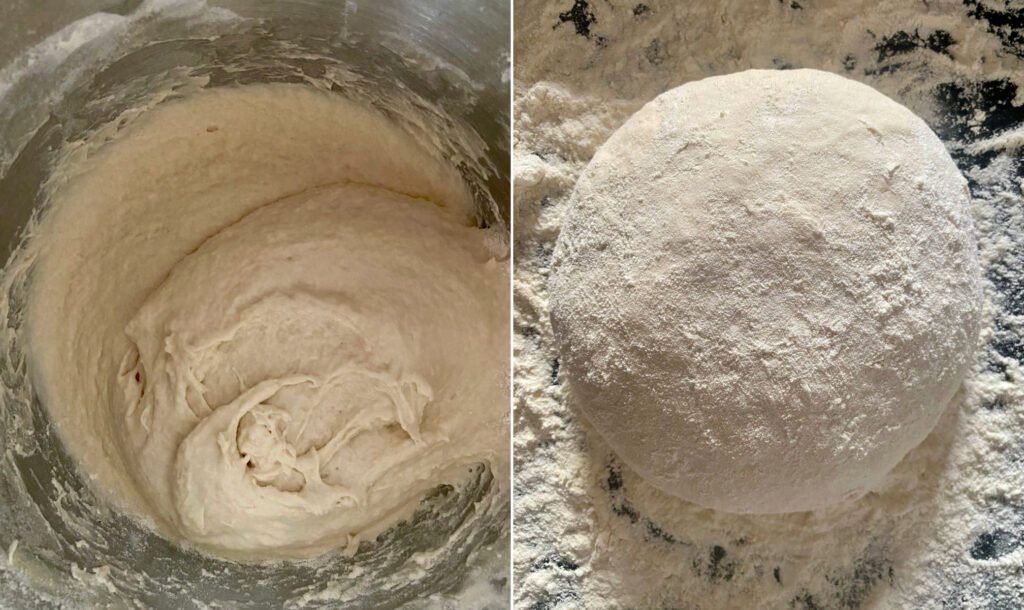 On the left, how the dough should be. On the right, how to form the dough after kneading