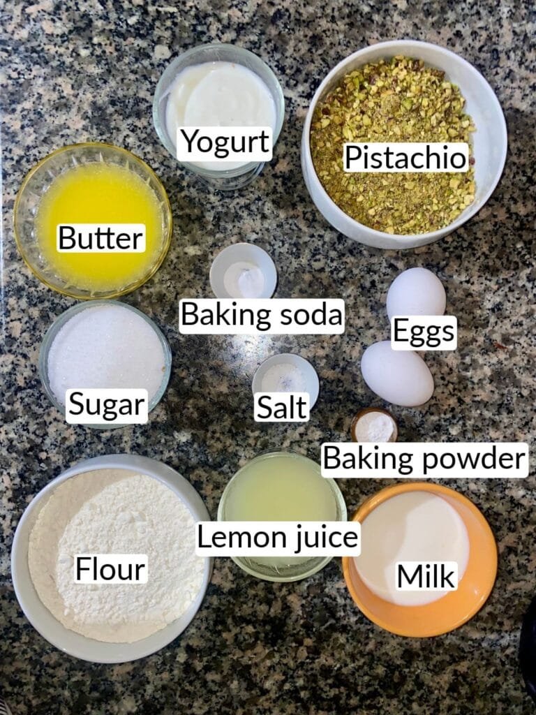 Pistachio bread Ingredients including flour, milk, vanilla, pistachio, yogurt, sugar, salt, baking soda, baking powder, butter and eggs.