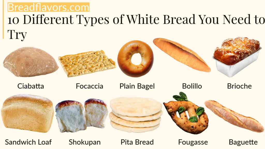 different kinds of white bread include baguette, pita, plain bagel, sandwich bread and others