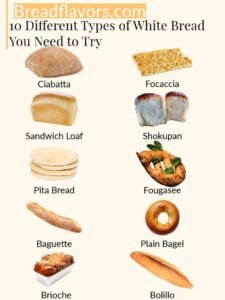 different types of white bread include baguette, pita, plain bagel, sandwich bread and others