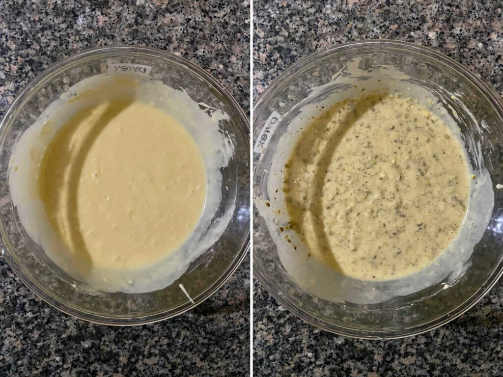 Pistachio bread batter before and after ground pistachios are added
