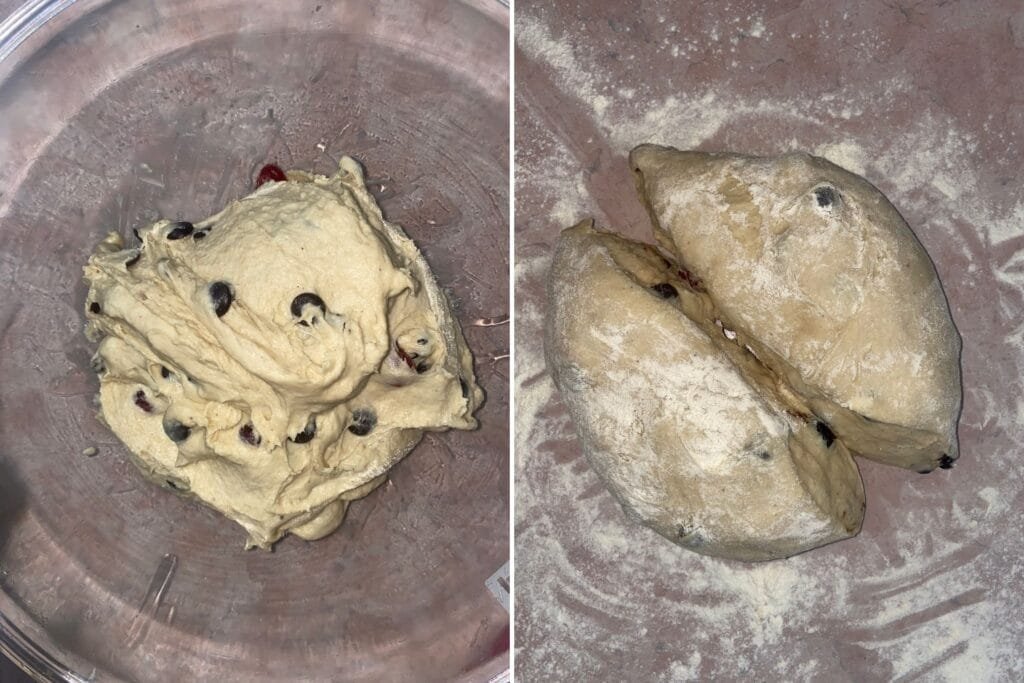 On the left, the dough before the first rising. On the right, the dough divided into equal parts before shaping.