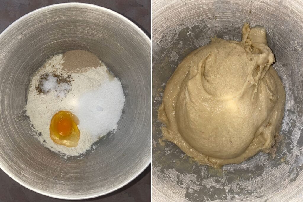 On the left: the ingredients before the kneading process. On the right, the dough texture after kneading.