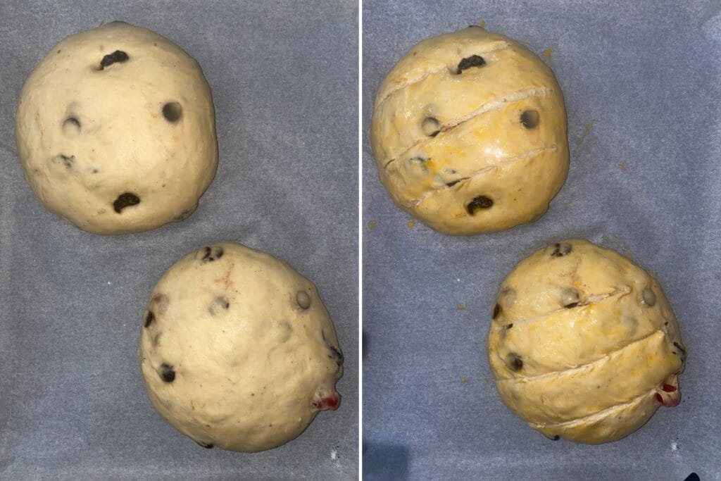 On the left, the Jukekake before egg washing and scoring. On the right, Jukekake dough ready for baking