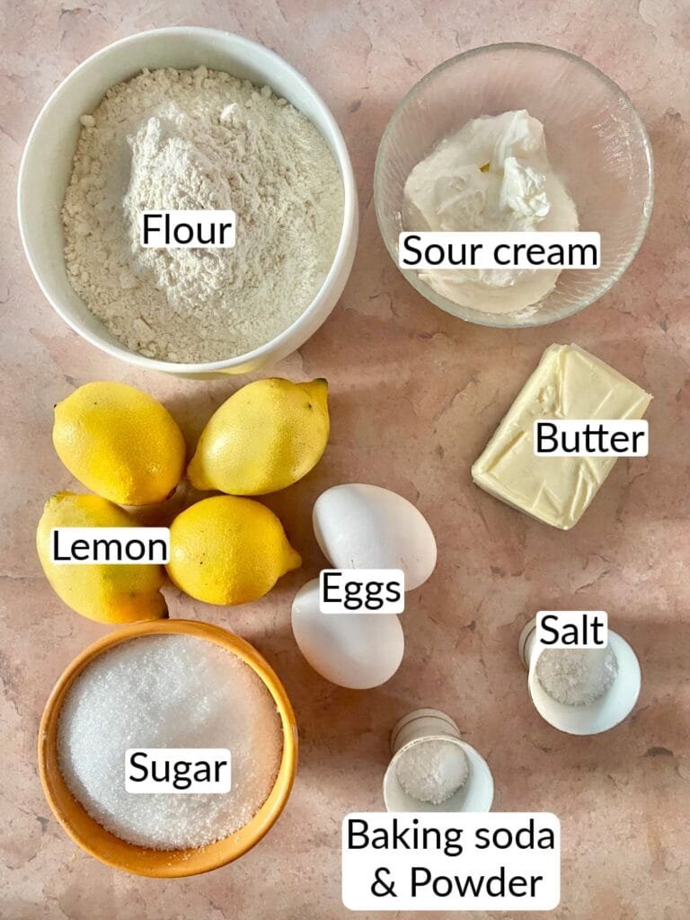 Flour, sour cream, lemon, sugar, eggs, butter and other ingredinets