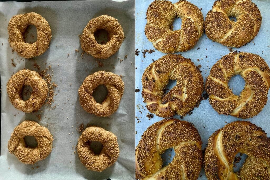 On the left, Simit before baking. On the right, Simit after baking