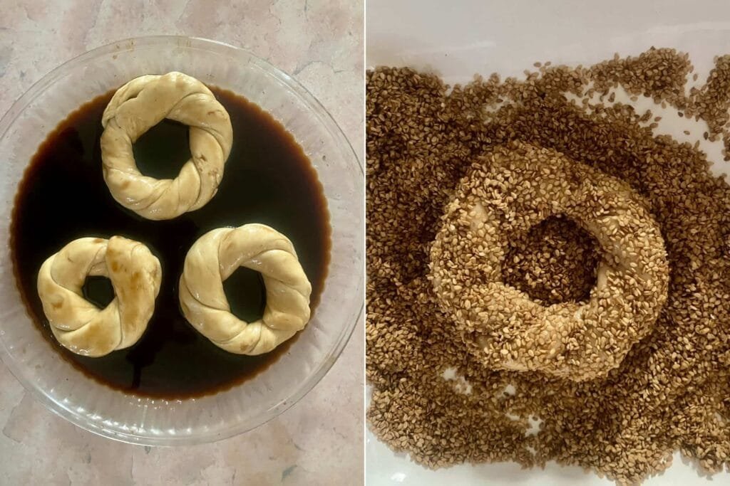 On the left: molasses bath. On the right, sesame seed dip