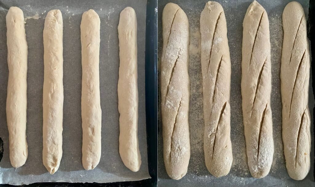 On the left, baguettes before scoring. On the right, baguettes after scoring