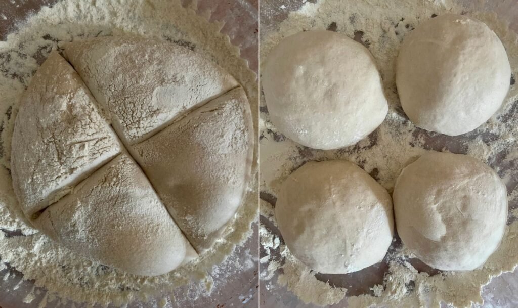 On the left, cut up baguette dough pieces On the right, Rounded baguette dough