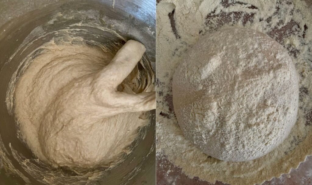 On the left, how the dough should be. On the right, how to form the dough after kneading