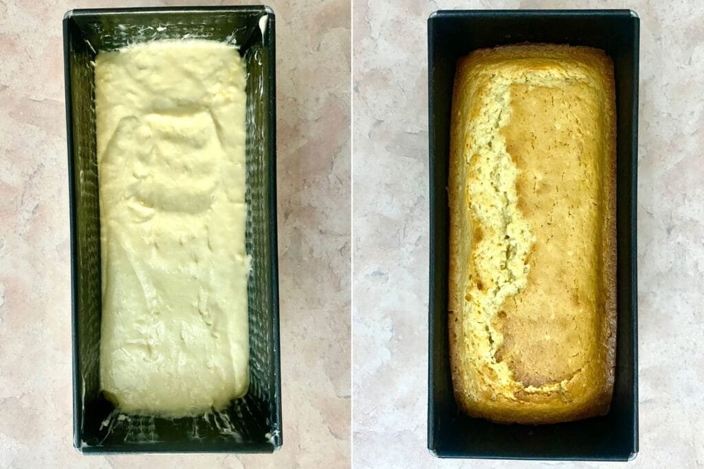 On the left, lemon bread before baking. On the right, lemon bread after baking.