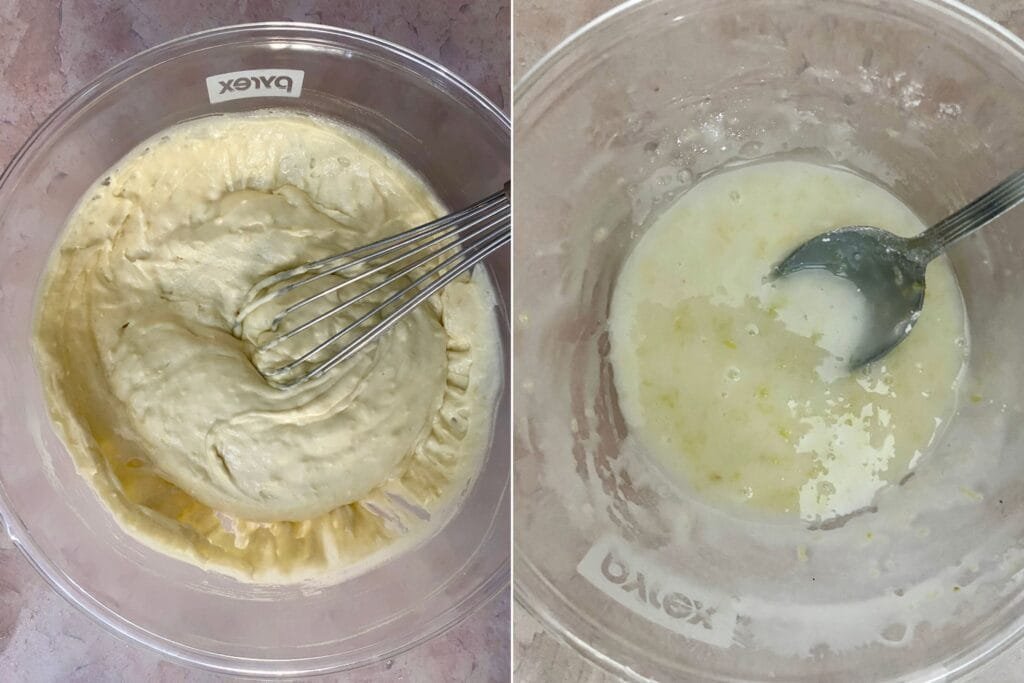 On the left, lemon bread batter. On the right, lemon glaze