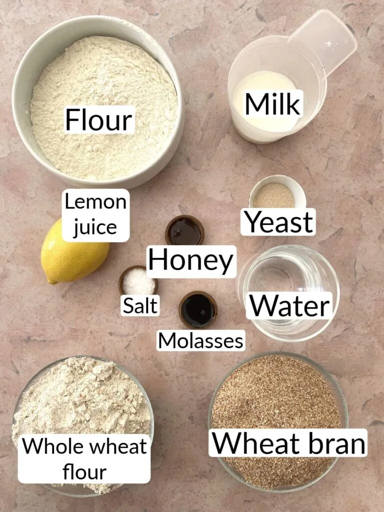 Bran Bread Ingredients: Water, Milk, Yeast, Salt, Lemon Juice, Honey, Molasses, and Flours.