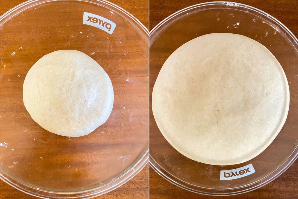 On the left: The dough after the kneading process. On the right: The dough after the first rise time.

