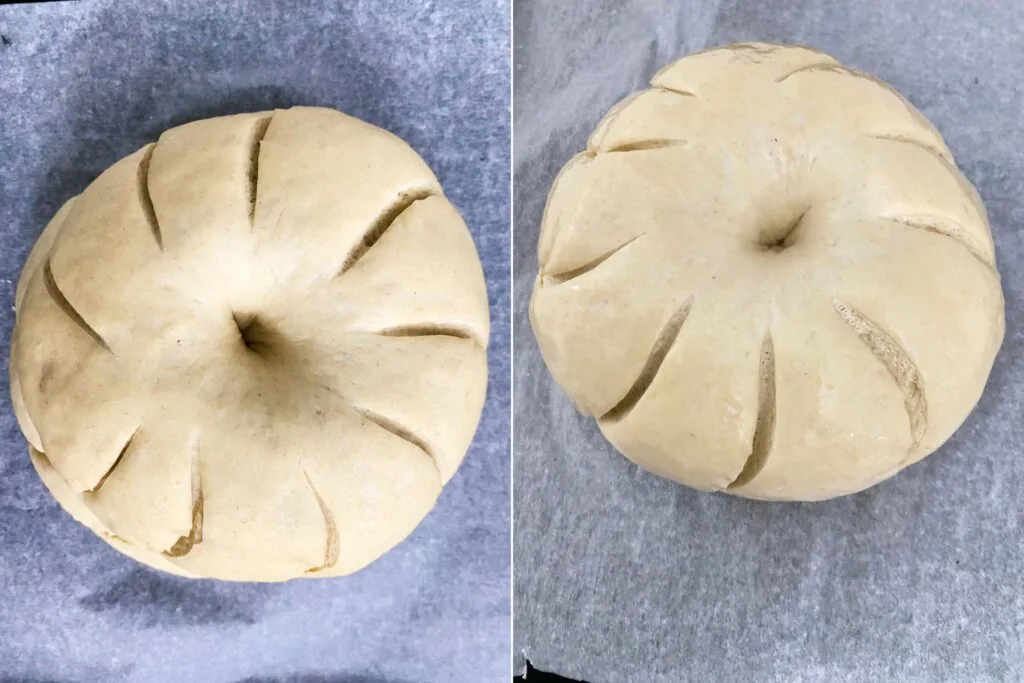 On the left: Scored cottage cheese loaf. On the right: Cottage loaf sprinkled with water