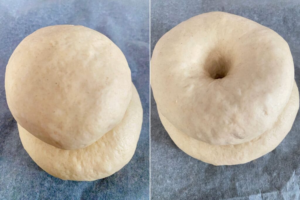 On the left: How to place the small dough ball on top of the large dough ball. On the right: how to using your fingers to the hole on the top of bread.
