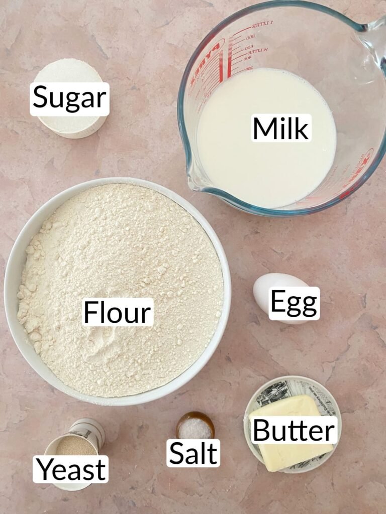 Milk brioche rolls Ingredients include flour, milk, sugar, yeast, butter, egg and salt.