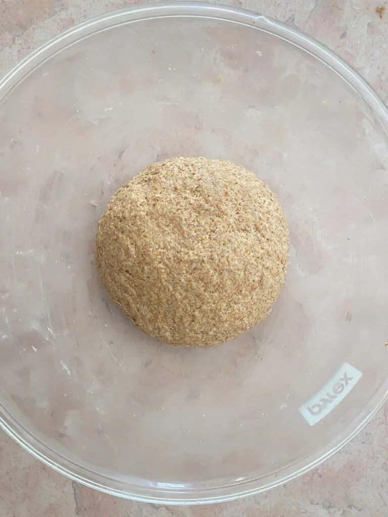 Bran bread dough in large bowl after kneading process