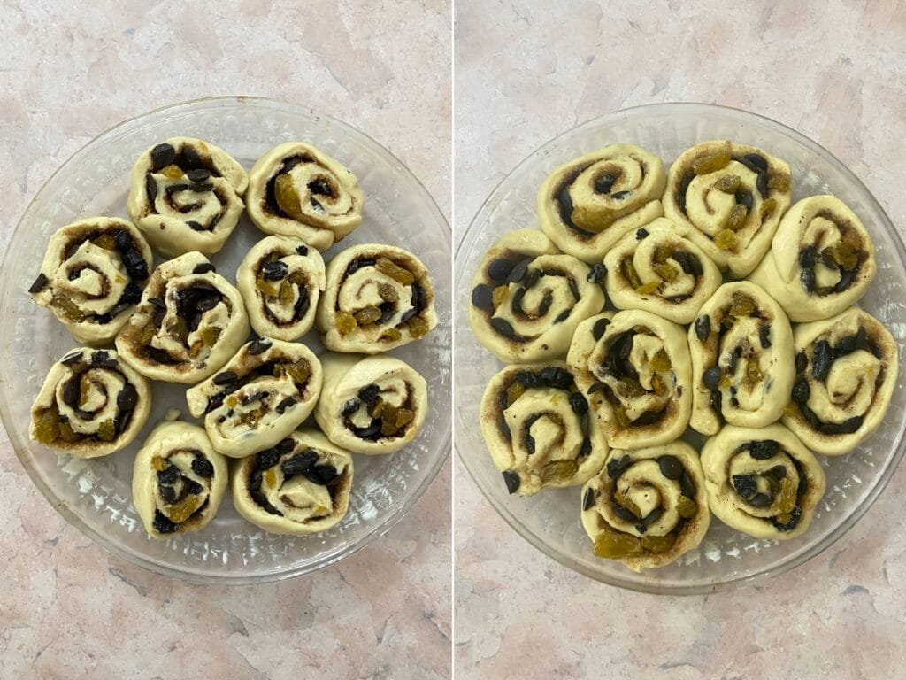 On the left: Chelsea buns before rise. On the right: Chelsea buns after rise.
