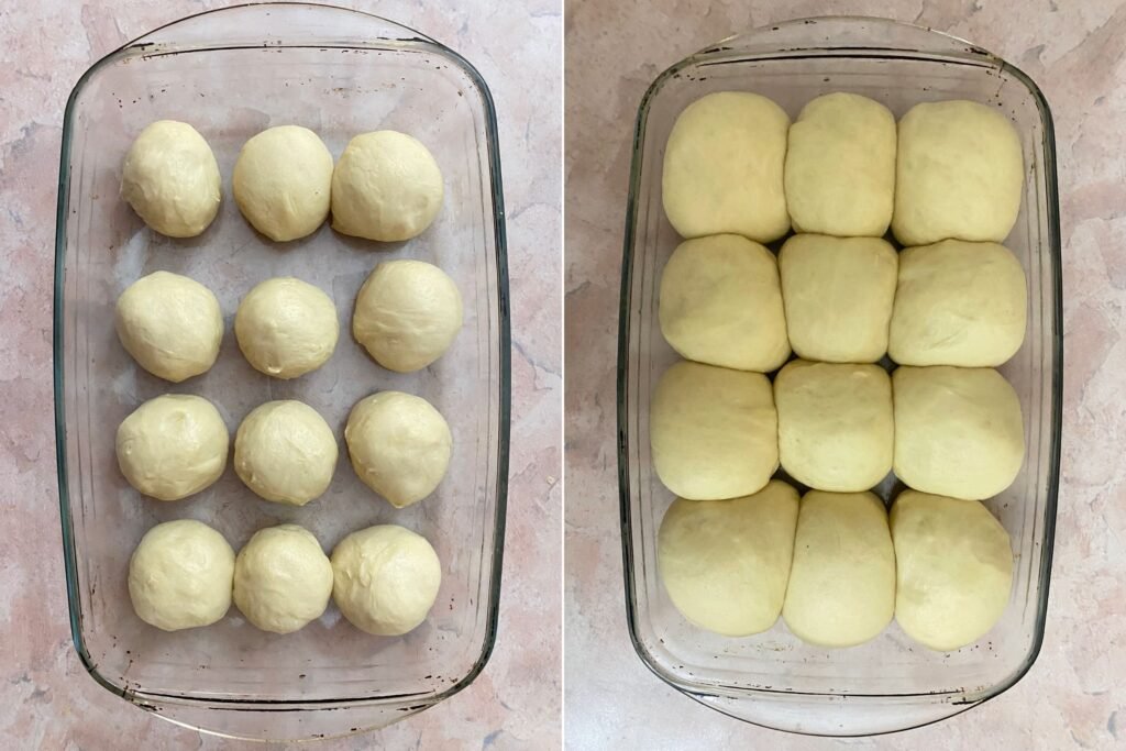 On the left: the dough before rising. On the right: the dough after rising 