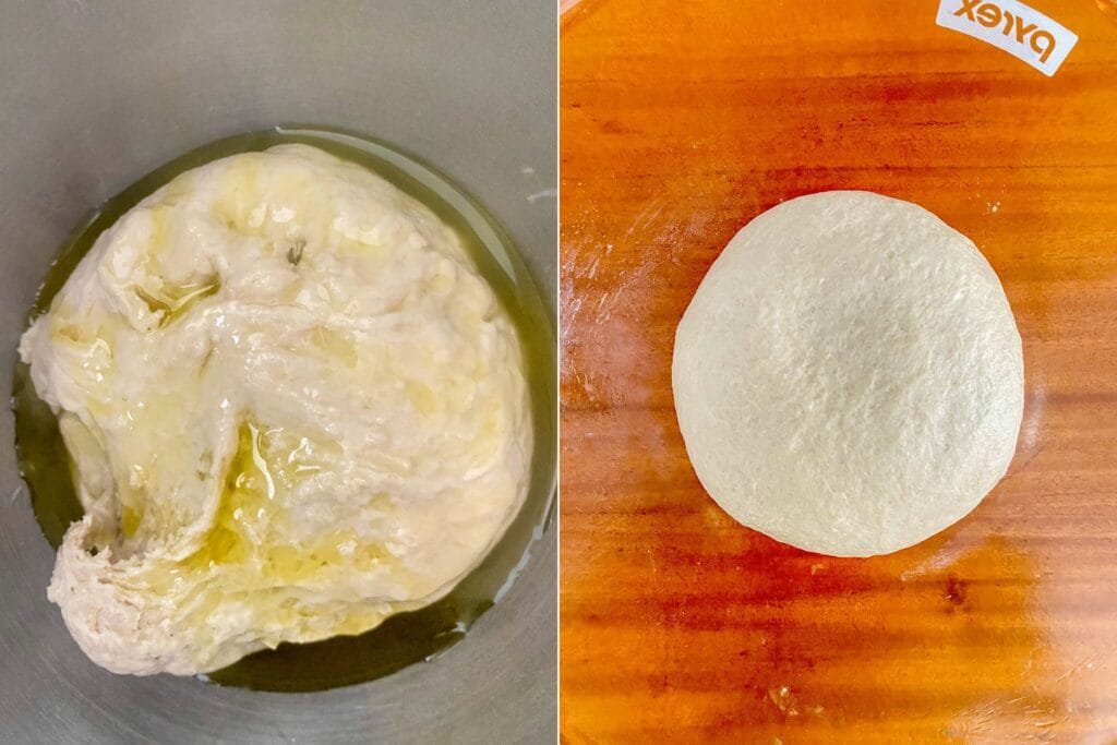 On the left: The dough topped with olive oil. On the right: The texture of the dough after kneading
