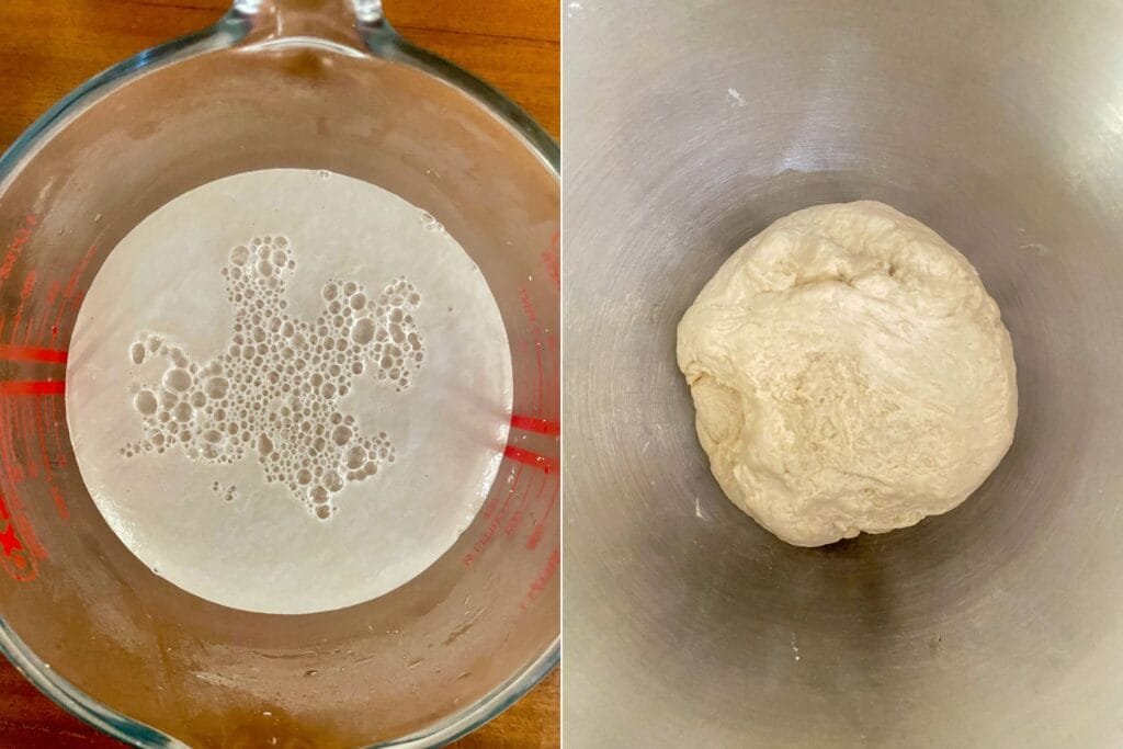 On the left: Active yeast mixture. On the right: The dough after the first step of kneading