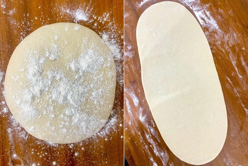 To the left: Flattened ball of dough. To the right: Rolled dough