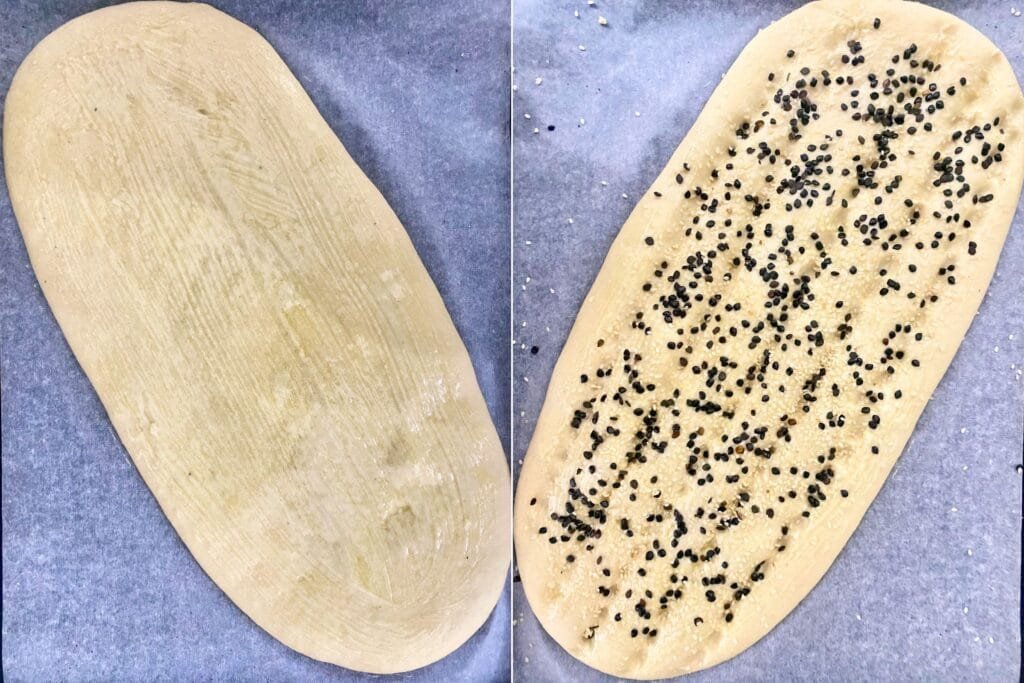 On the dough: brushed dough with flour glaze. On the right: dough topped with sesame and nigella seeds