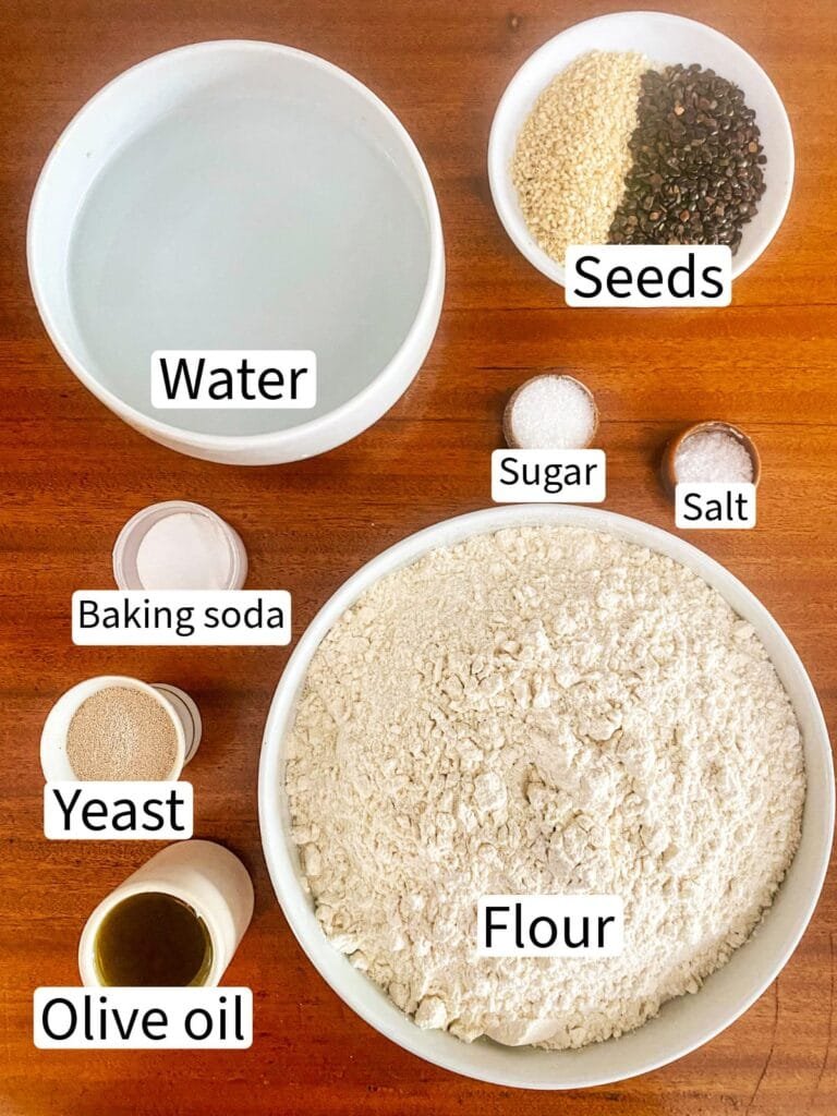 Barbari bread ingredients include water, yeast, sugar, flour, salt, olive oil and seeds