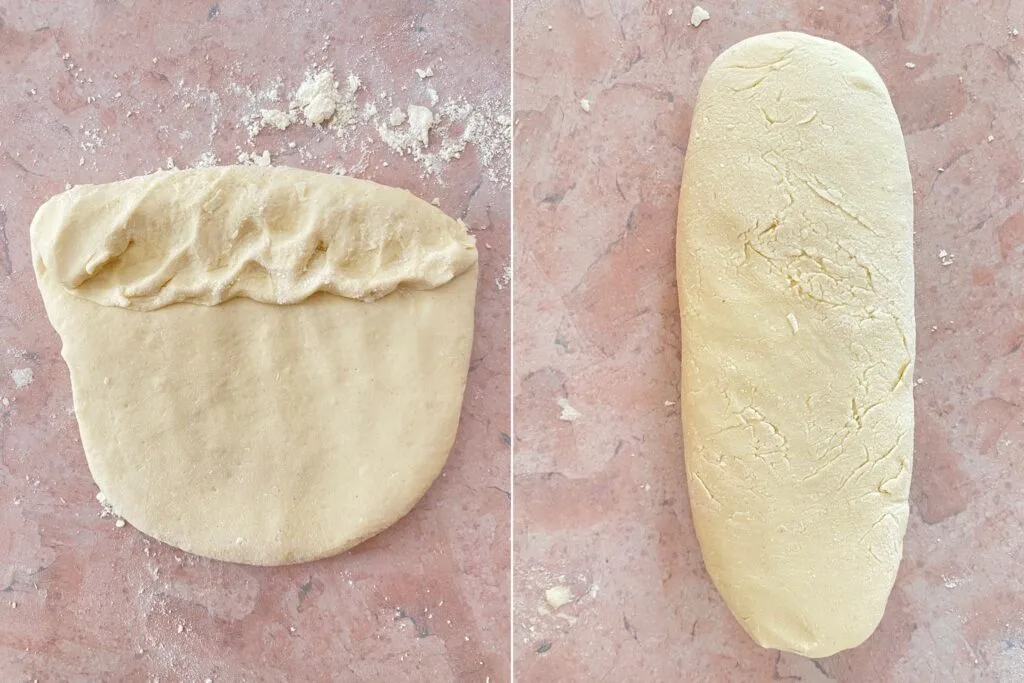 On the left: how to roll up the dough. On the right: shaped bread dough ready to score