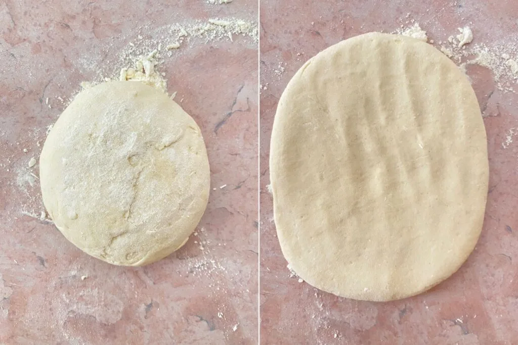 On the left: shaped dough ball. On the right: Flat dough ready for shaping
