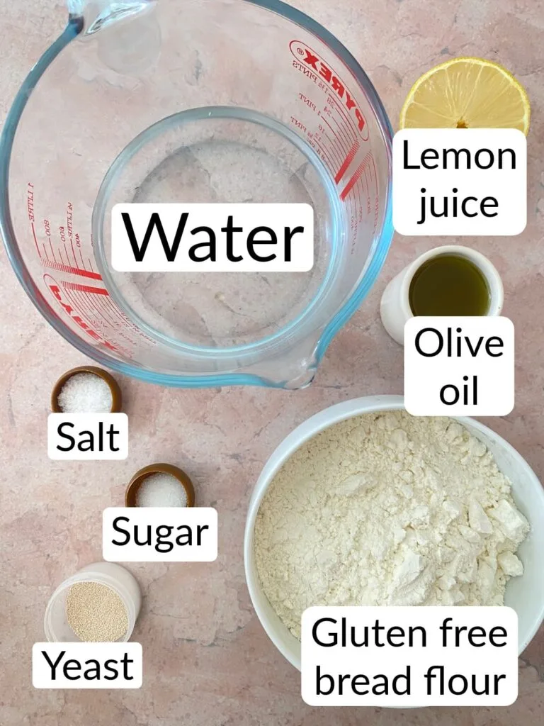 gluten free bread ingredients include: gluten free bread flour, yeast, sugar, salt, water, lemon juice and olive oil
