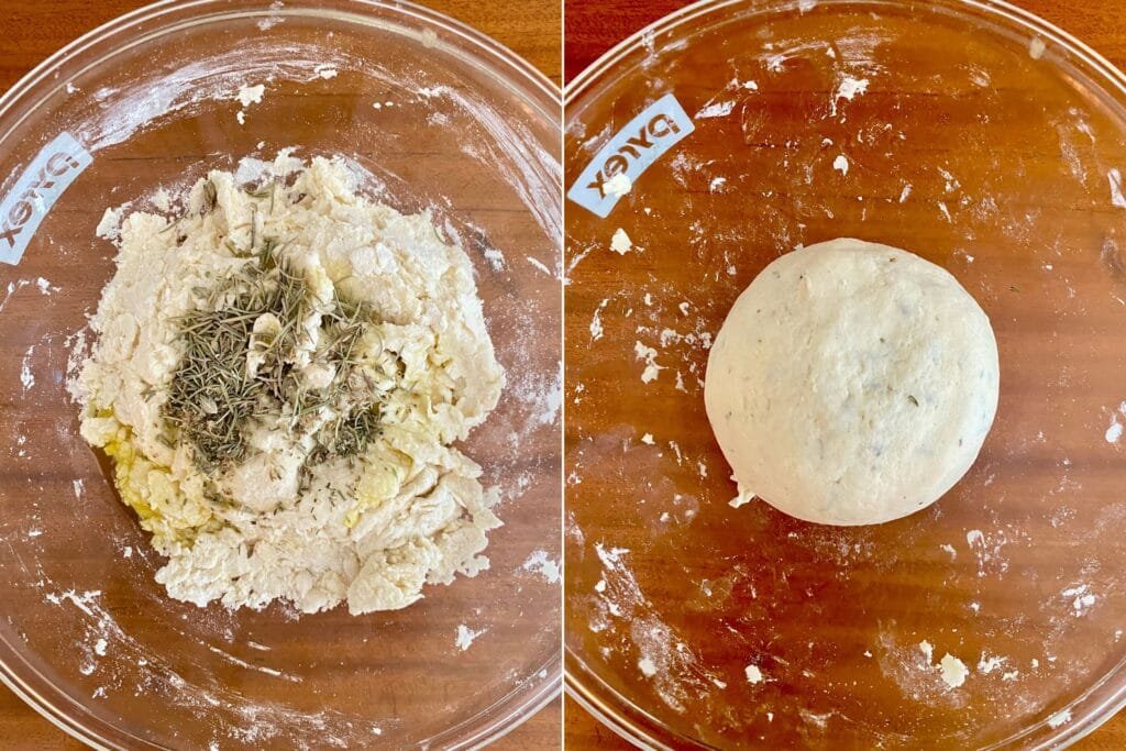 On the left: Shaggy dough topped with salt, rosemary, oregano and olive oil. Right: Smooth dough after the kneading is finished