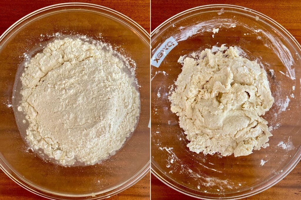 On the left: Water covered with gluten-free flour before mixing. On the right: Shaggy dough after the first mixing.