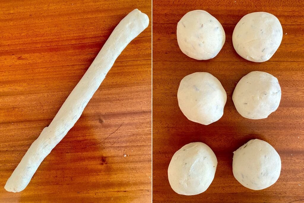 On the left: Log-shaped dough. On the right: 6 smooth balls arranged