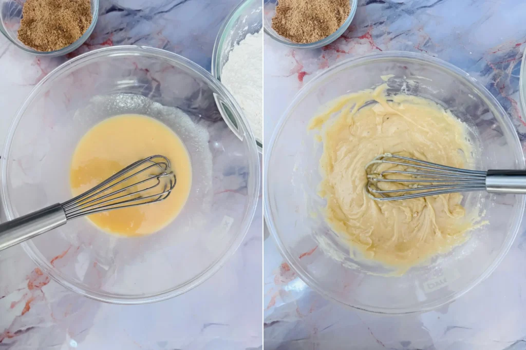 On the left: how to whisk wet ingredients. On the right: how to mix dry and wet ingredients