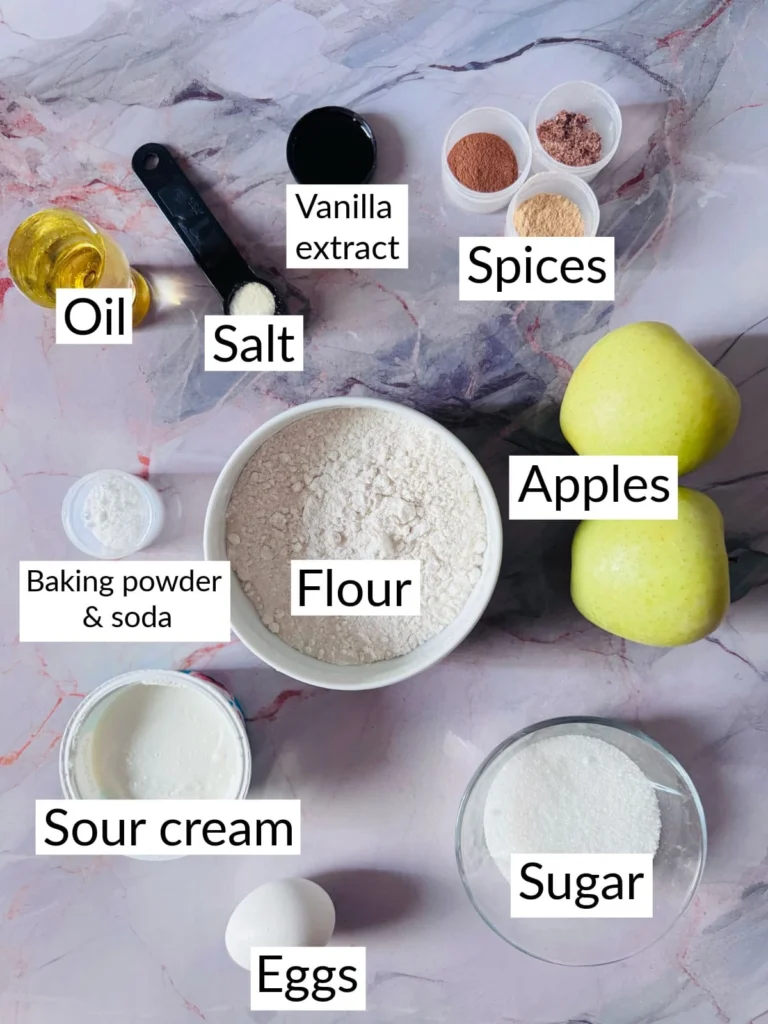 Apple cinnamon quick bread include: flour, baking soda & powder, sugar, apples, spices and other ingredients