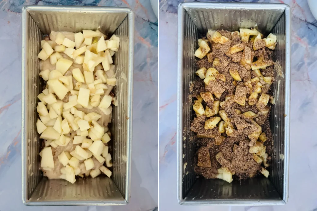 On the left: how to top apple. On the right; how to sprinkle cinnamon mixture