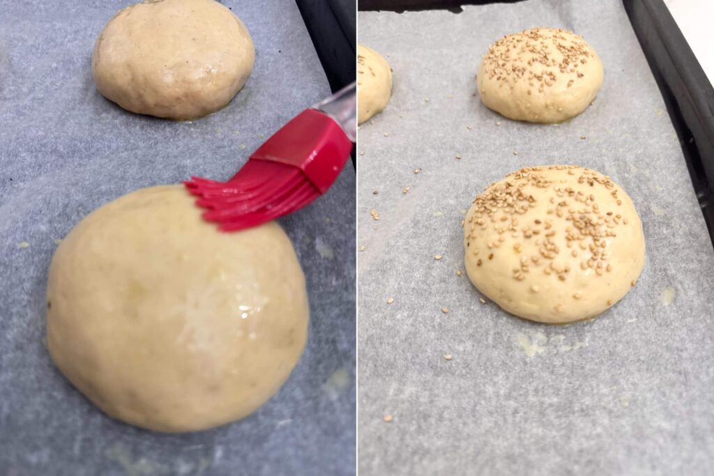 On the left: how to wash buns. On the right: How to sprinkle sesame seeds on the top.