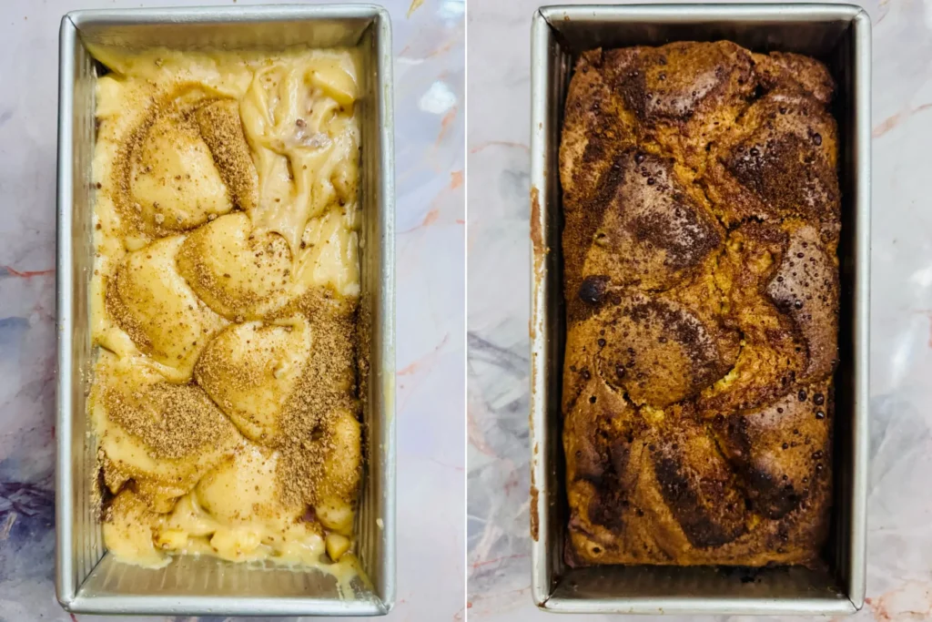 On the left: apple cinnamon quick bread before baking. On the right: apple cinnamon quick bread after baking. 