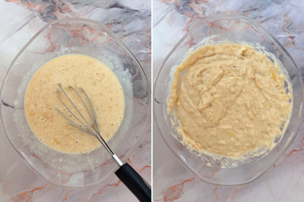 3 ingredient banana bread batter before and after adding self-rising flour