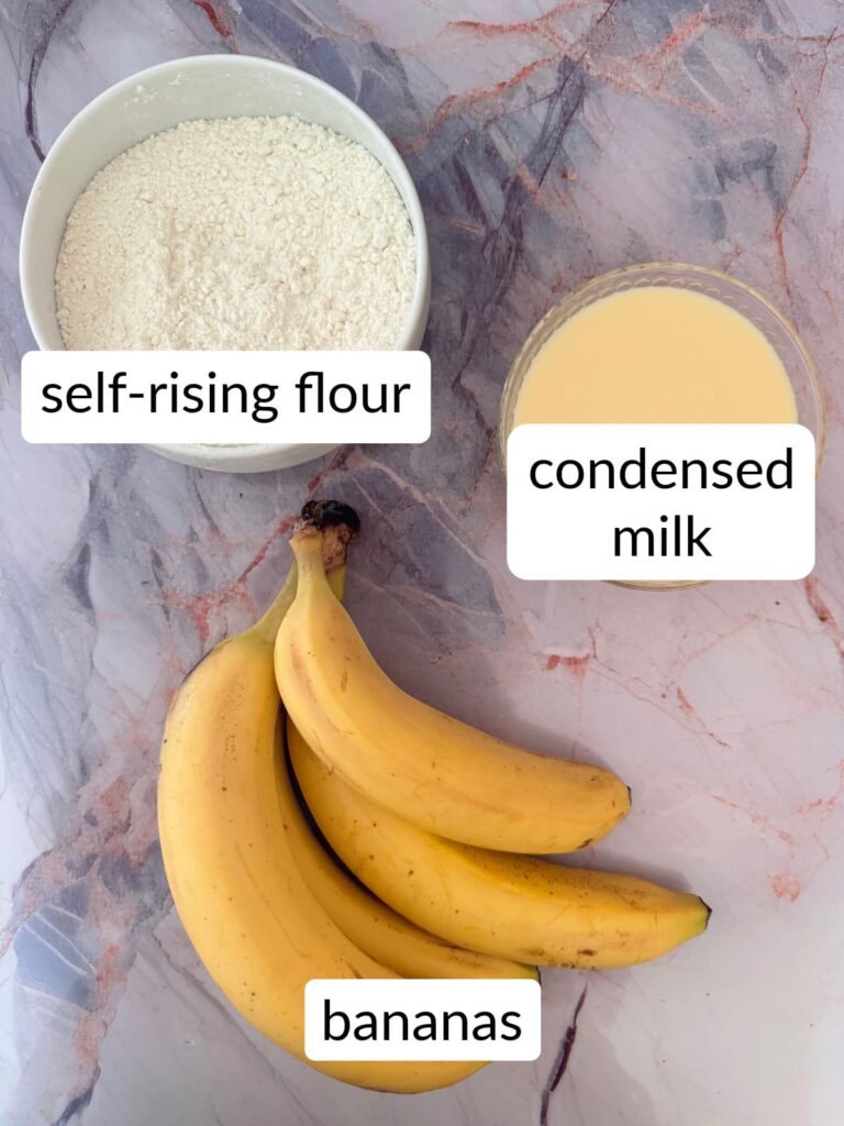 image showing all ingredients including bowl of self-rising flour, bananas, and Sweetened condensed milk.