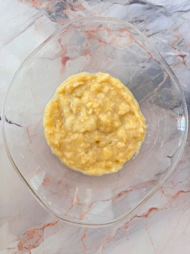 mashed bananas in mixing bowl.