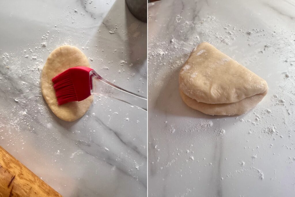 On the left: How to brush the dough with butter. On the right: How to fold one half of the oval dough over the other.