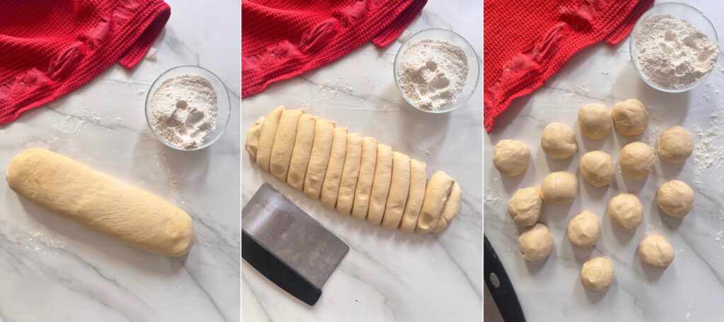 The three process of shaping the dough into 15 round balls. 